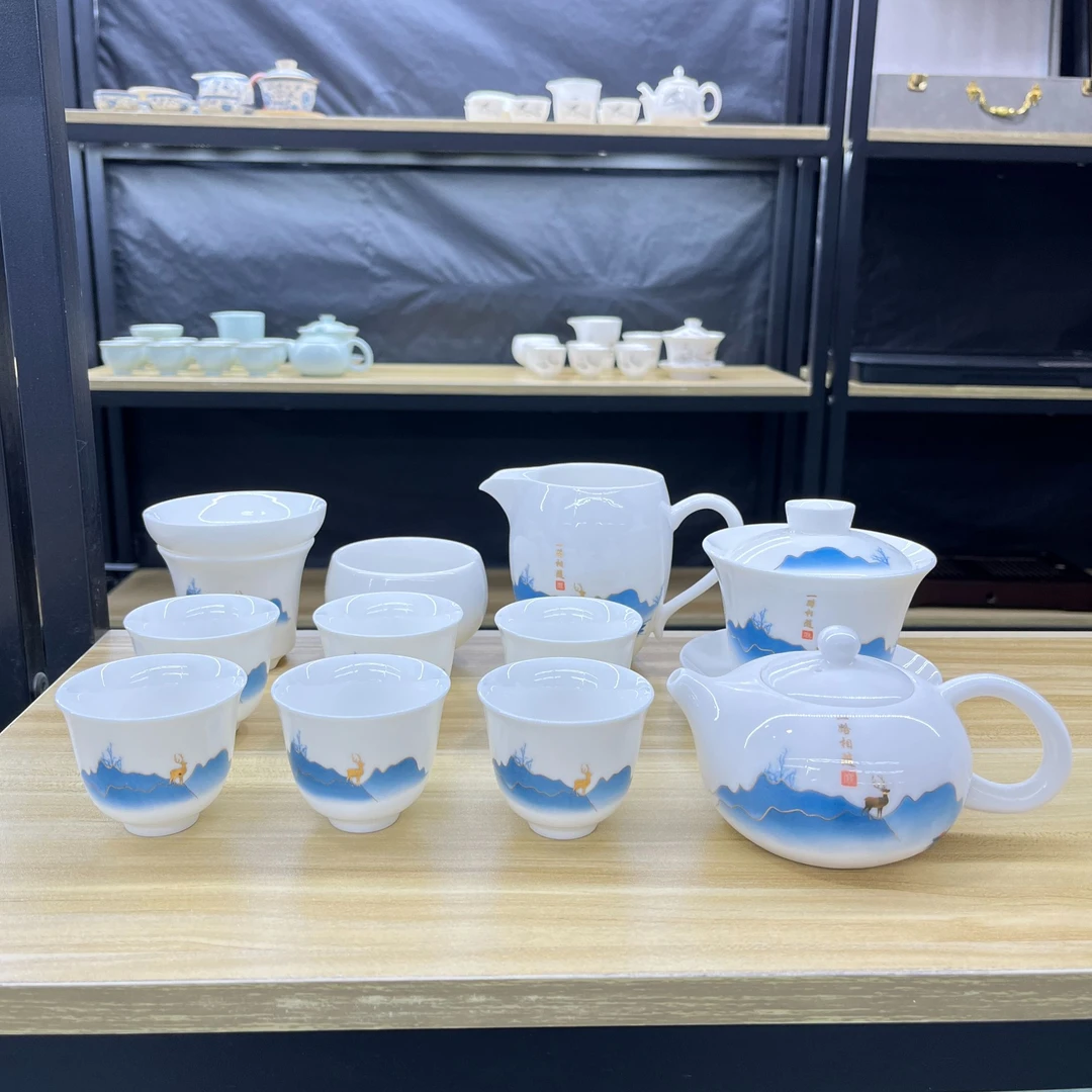 一路相随悬停12件套  羊脂玉白瓷功夫茶具套装 安全泡沫包装