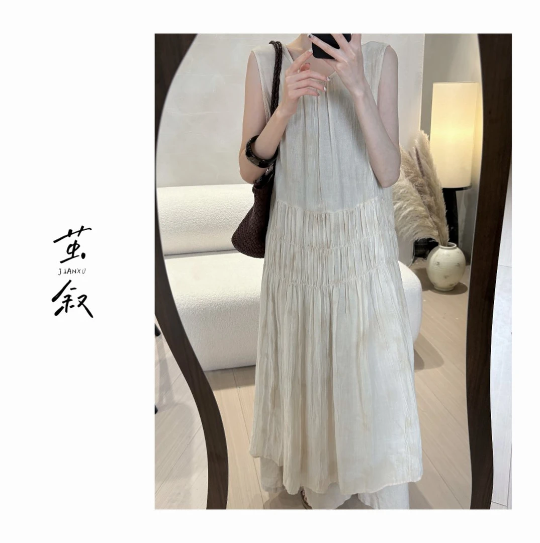 JIAN.XU【云染茶韵】苎麻印花褶皱背心裙连衣裙