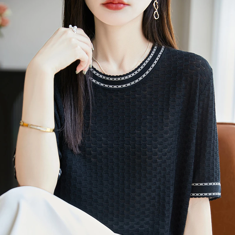 莱赛尔天丝撞色圆领针织短袖T恤女精致显瘦时尚休闲女装上衣小衫
