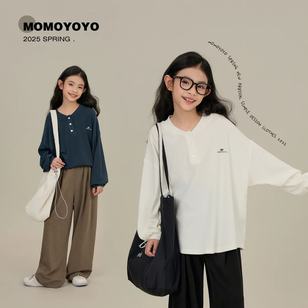 辰辰妈【盐系】中大童女字母高弹显瘦宽松亲子亨利领长袖T恤 7574D