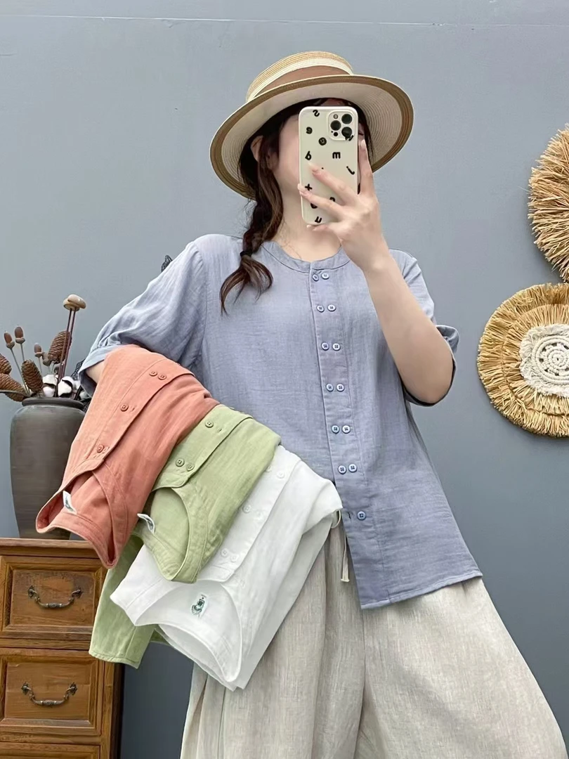 夏季圆领双扣棉纱吸汗百搭文艺五分袖纯色简约薄款衬衫66186