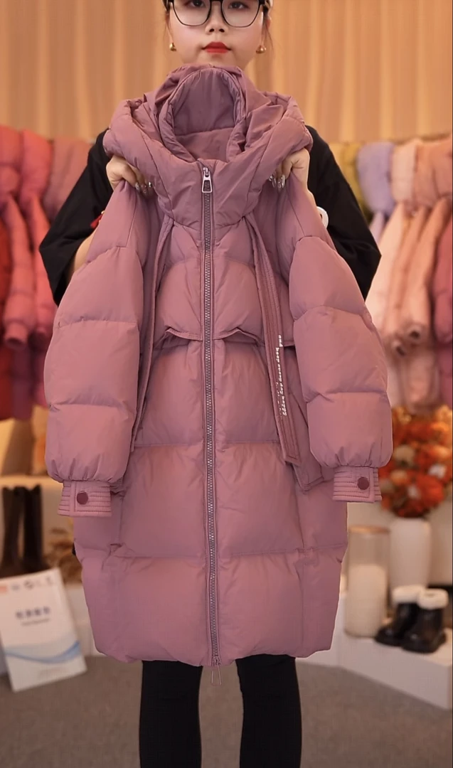 儿童羽绒服女童中长款飘带可抽拉韩版中大童纯色2025新款童装