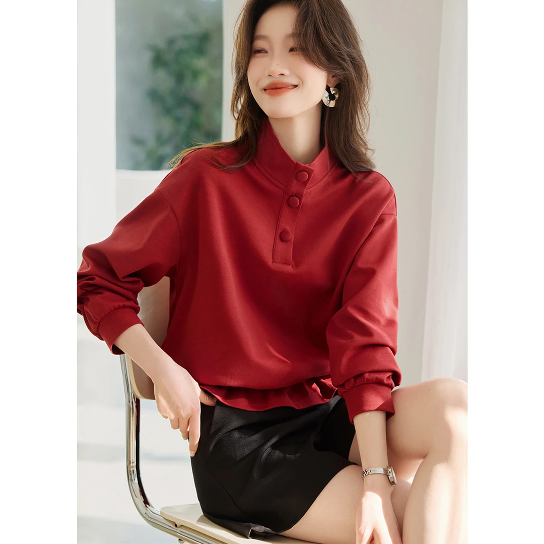 沫晗依美2025秋季新款女装休闲纽扣设计百搭短款宽松显瘦显白卫衣