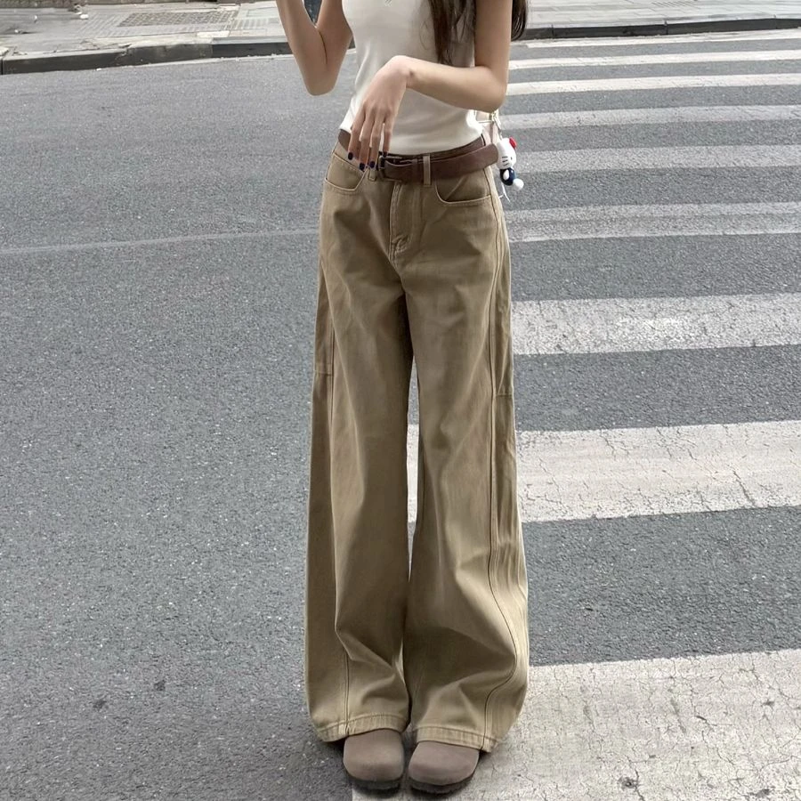 卡其色裤子小个子美式阔腿牛仔裤女高腰夏季宽松显瘦直筒拖地长裤