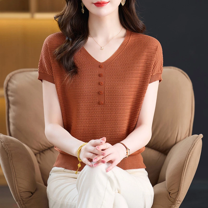 夏季国庆V领纯色莱赛尔短袖宽松显瘦百搭爆改针织蝙蝠衫女款090