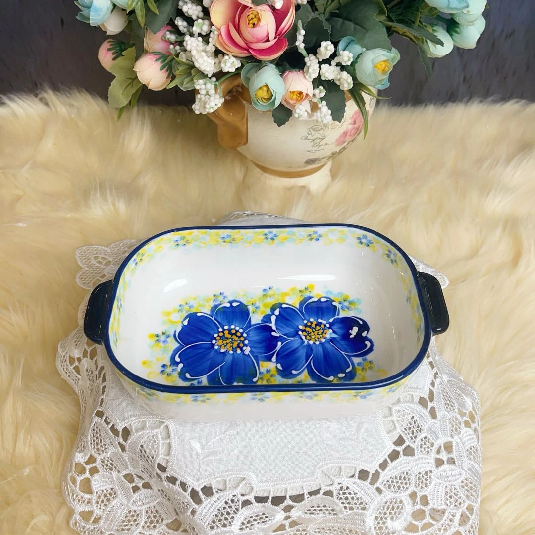 阿勒玛 新疆包邮【琉璃蓝】 小双耳陶瓷盘家用水果盘烘焙盘欧式