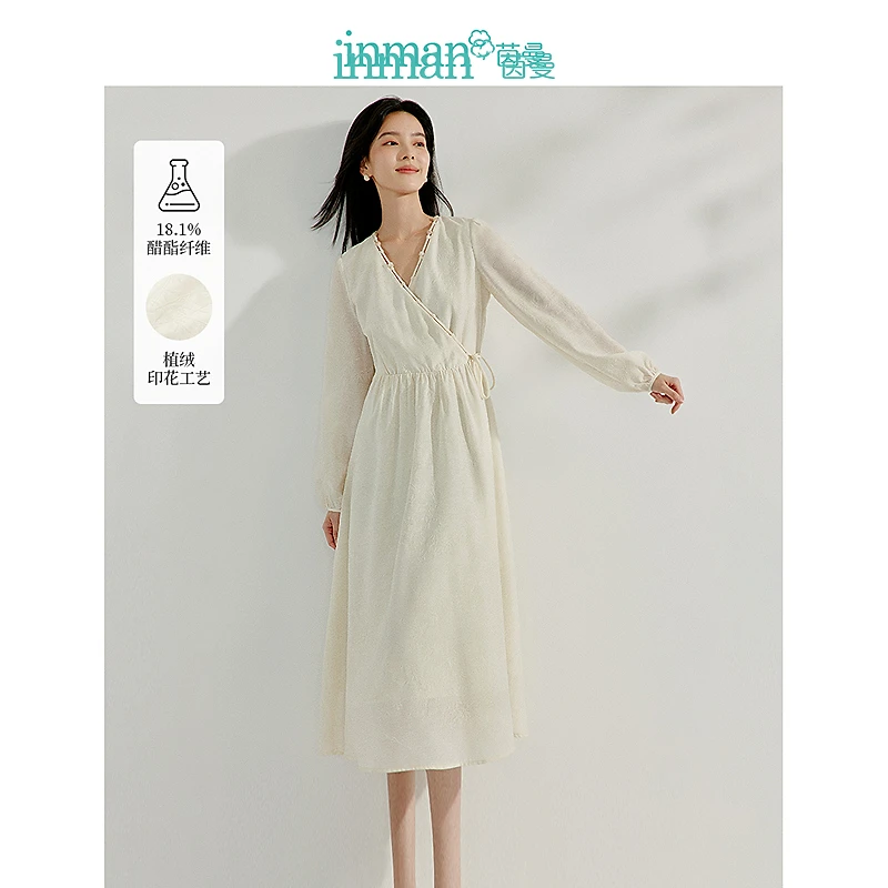 【欧若风】茵曼春季新中式改良版立体植绒气质醋酸连衣裙长裙子