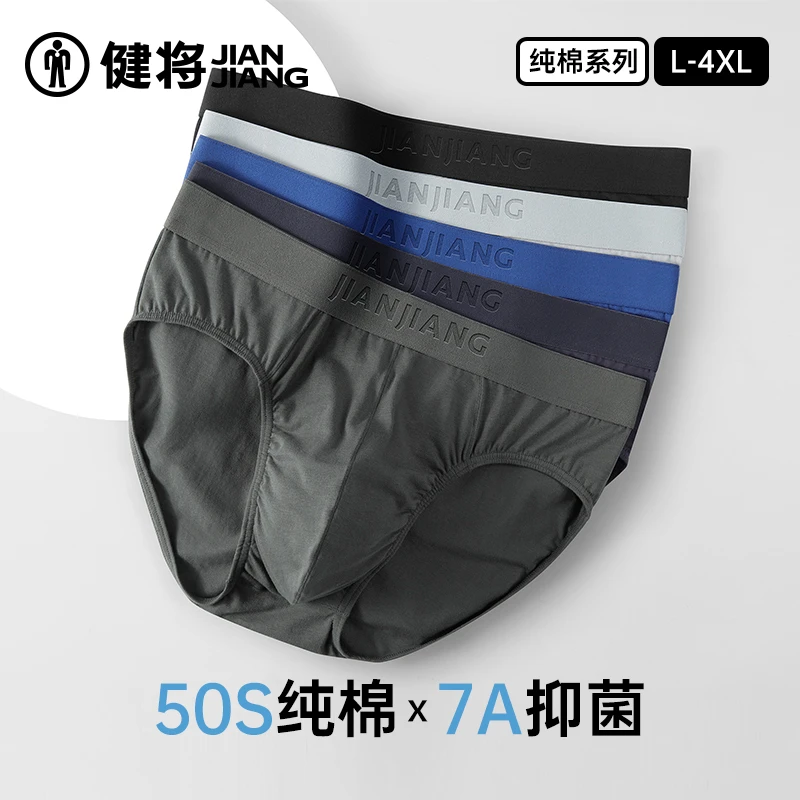 健将纯棉男士三角内裤舒适宽松透气纯色男生运动中腰长绒棉三角裤