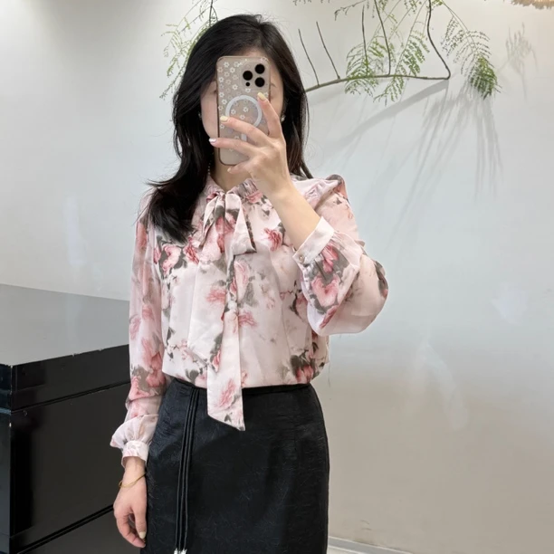 长袖春夏碎花醋酸雪纺飘带衬衫