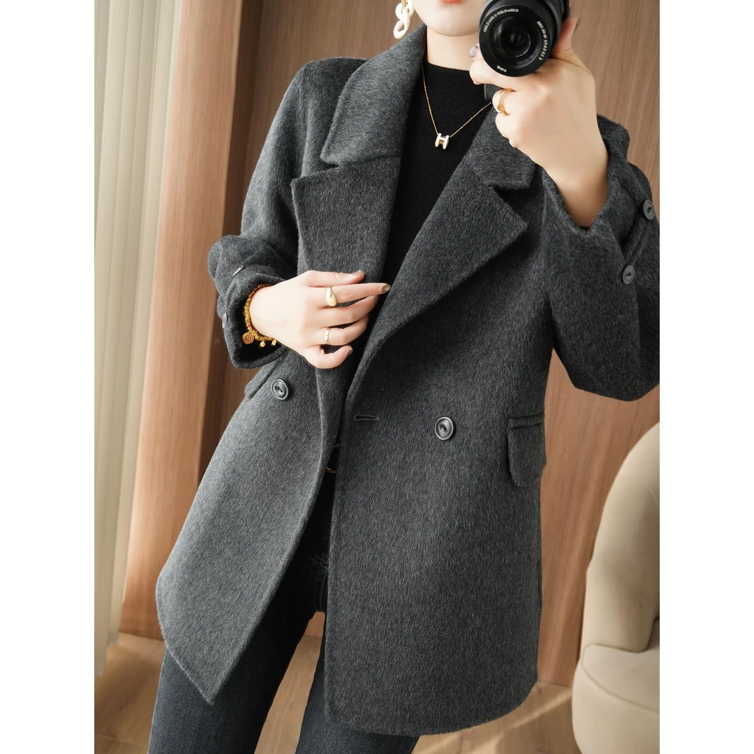 韩版双面羊毛大衣女秋冬新款高级感百搭宽松小个子咖色羊毛呢外套