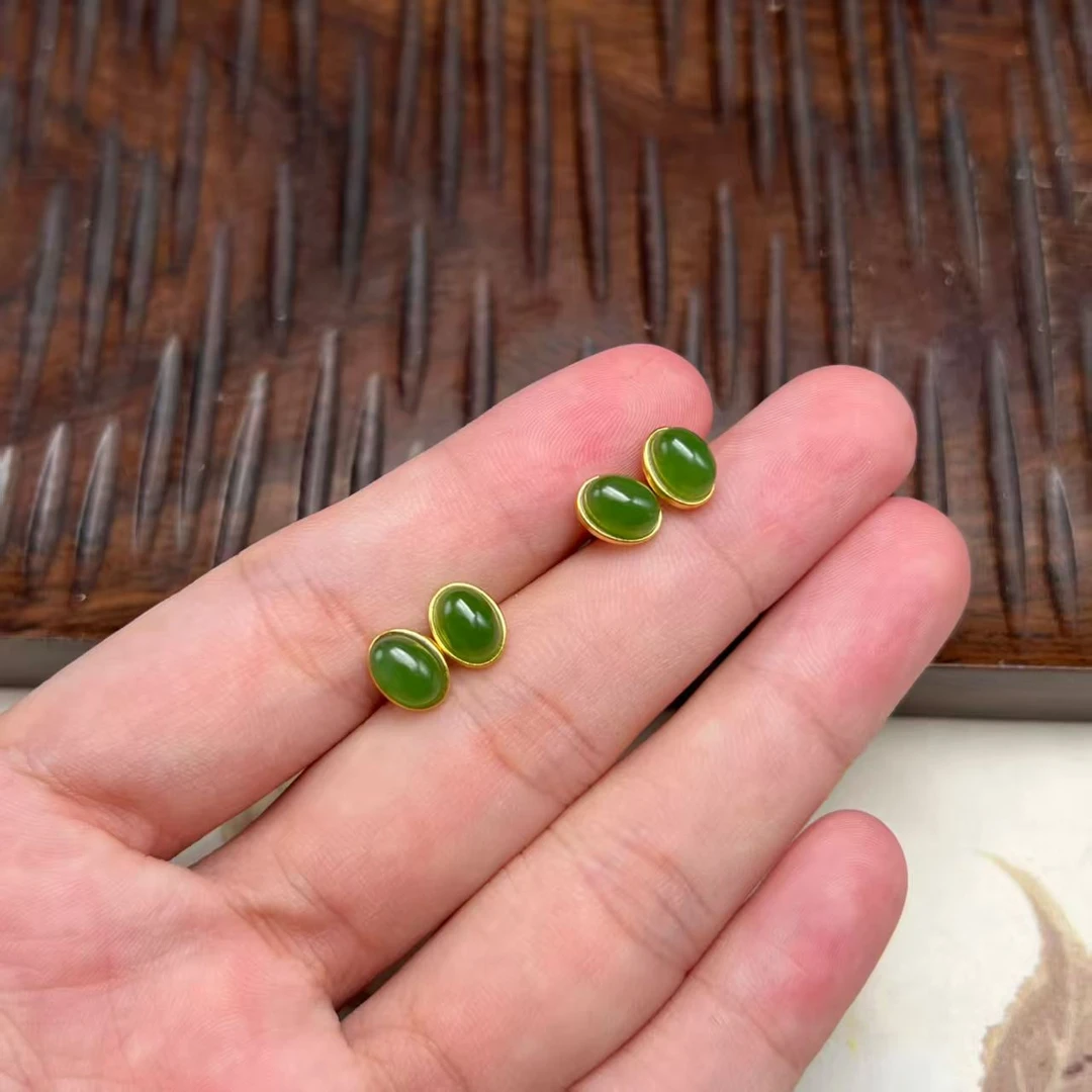 【北野珠宝】天然和田玉碧玉耳钉-B117H-105多样性发一8x6mm