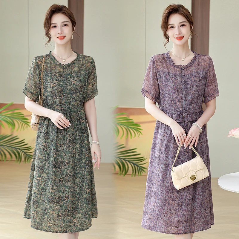 妈妈夏装时尚短袖薄款连衣裙中老年女装夏季洋气宽松大码舒适长裙