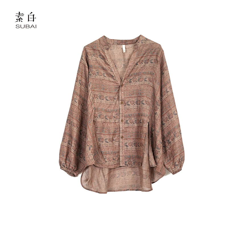 素白【画壁】复古法式泡泡袖时尚印花苎麻上衣SB2502QT01171