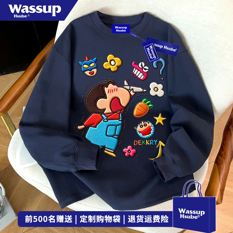 WASSUP HSUBE趣味仿刺绣人物印花纯棉长袖T恤休闲百搭藏青色上衣