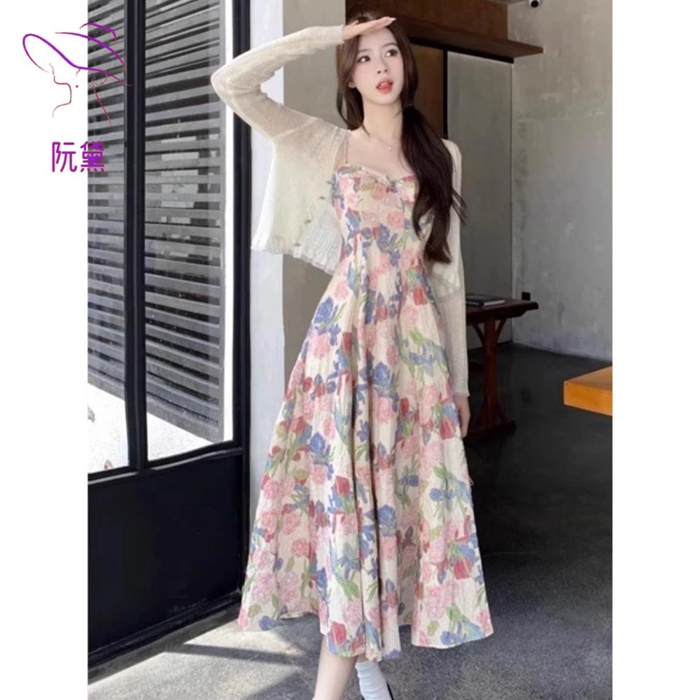 阮黛夏季新款茶歇法式高级感雪纺长裙油画碎花吊带连衣裙两件套女