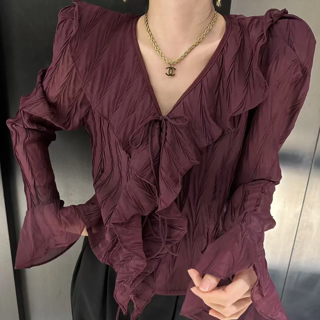 韩系褶皱显瘦花边衬衫荷叶边喇叭袖设计感上衣法式长袖泡泡袖温柔