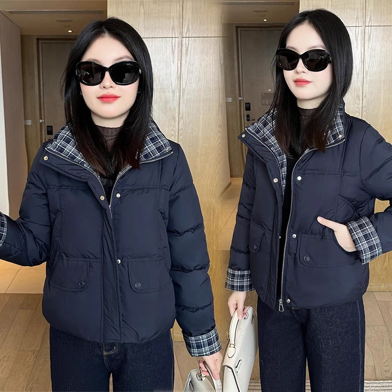时尚休闲棉服女2025冬季新款时髦洋气减龄百搭格子拼接保暖棉袄潮