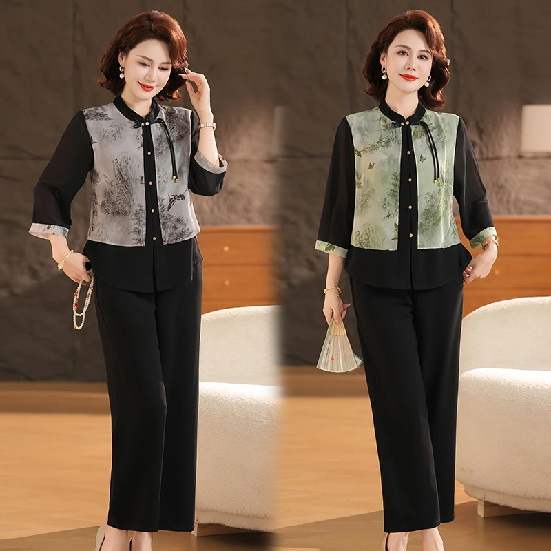 中年妈妈夏装两件套雪纺衫阔太太套装新中式国风宽松春夏大码女装