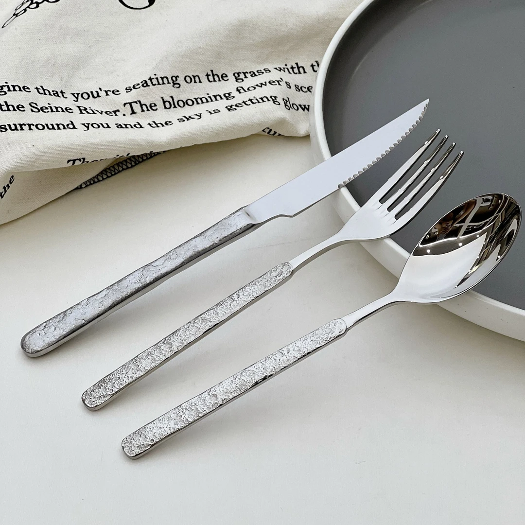 高档304钢西餐刀叉勺 牛排刀 西餐厅餐具岩石纹牛扒刀叉勺三件套