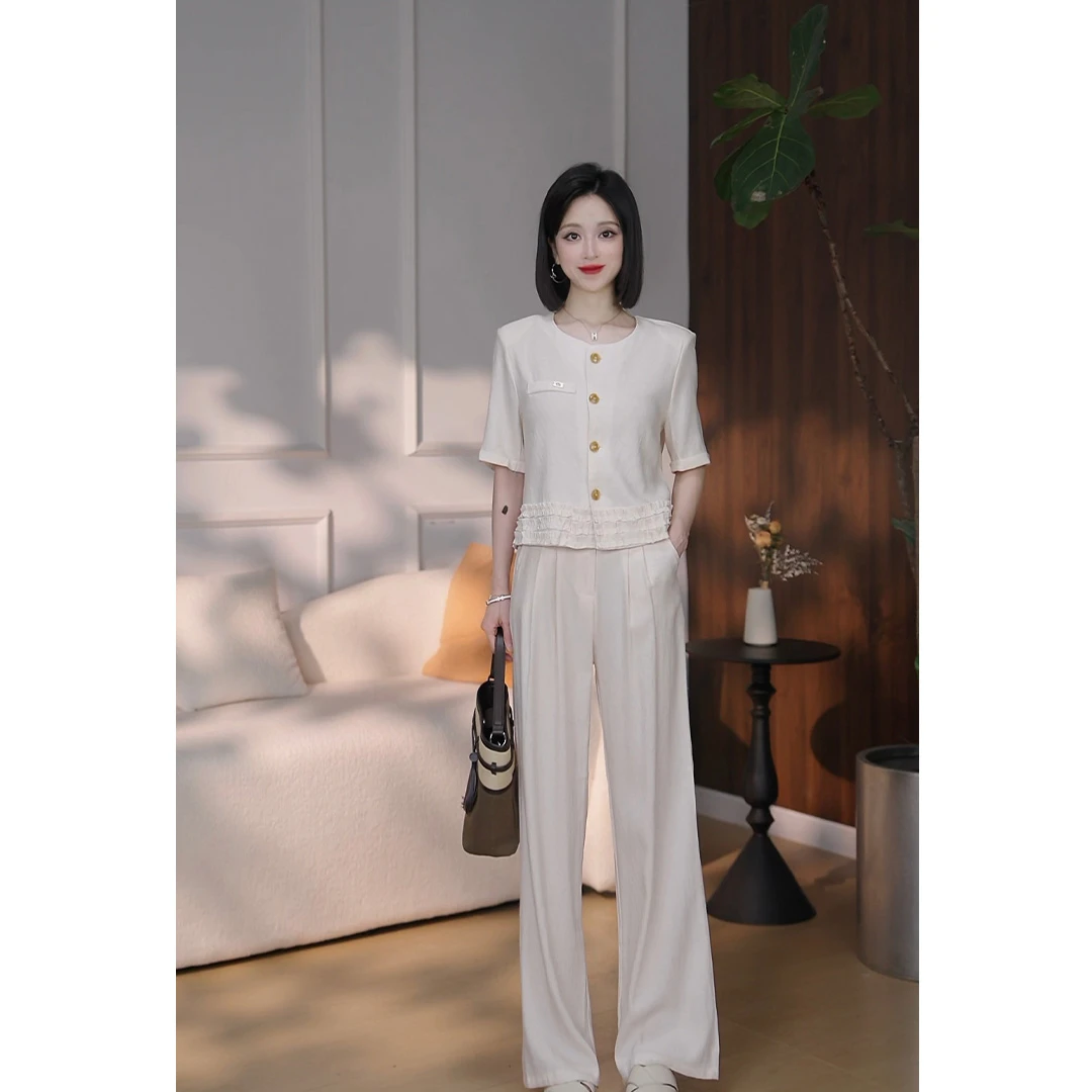 【断码清/仓】休闲套装女3133夏季新款设计感木耳边上衣高腰阔腿裤