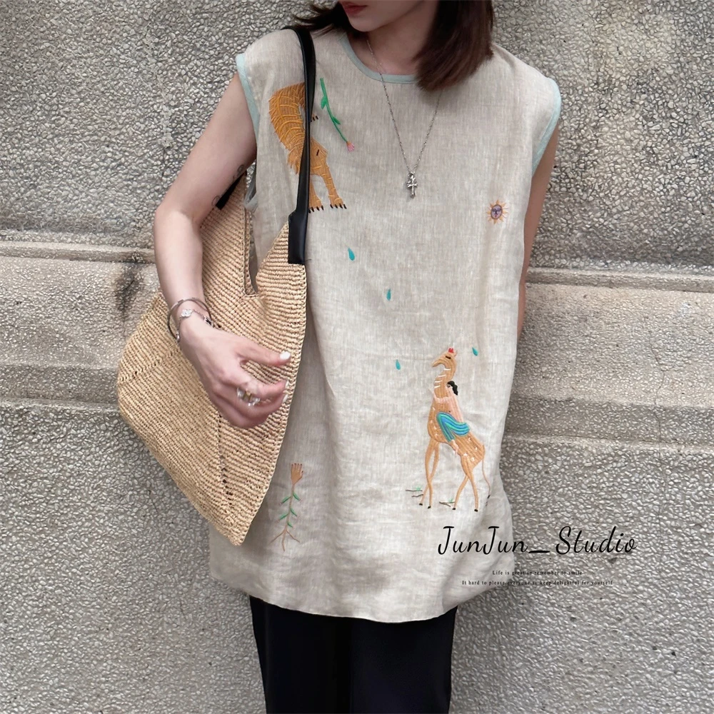 JunJun 重工亚麻刺绣背心中式无袖上衣裙 JJ1248