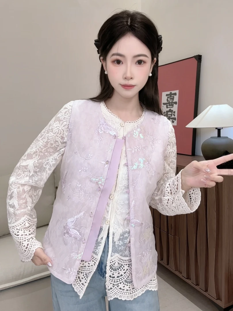 【偏写春棠】2025新款夏季紫色亮片刺绣新中式马甲女宽松百搭圆领
