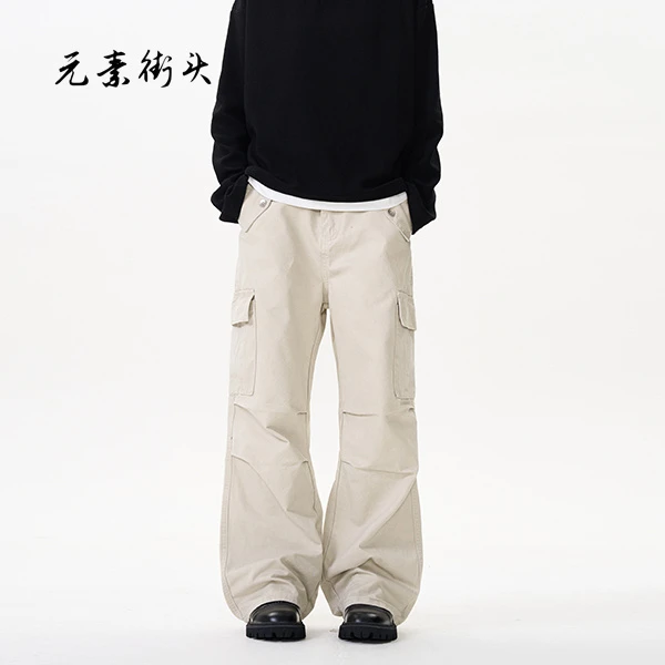 美拉德复古洗褪baggy阔腿工装裤男女宽松直筒休闲感拖地褶皱长裤