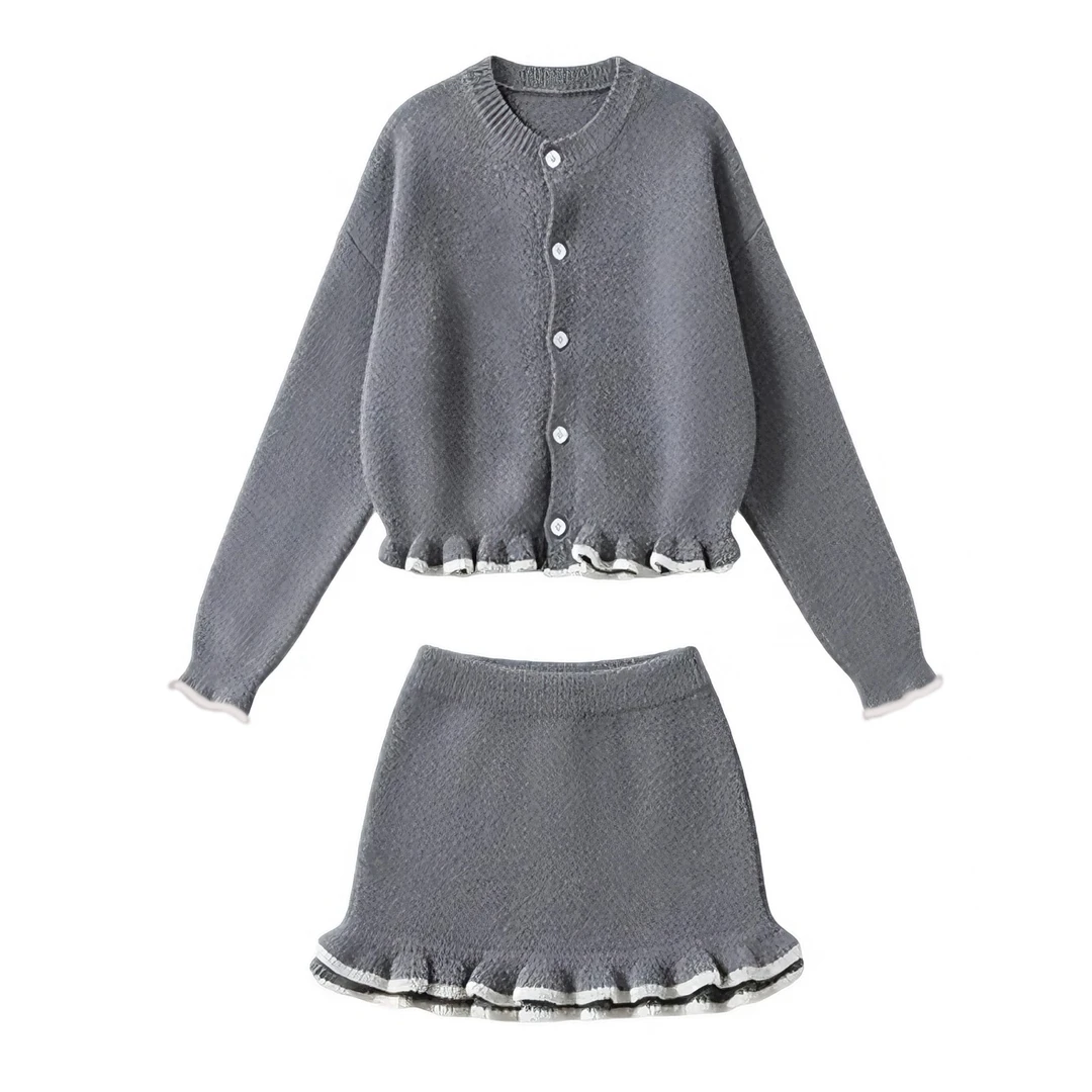 秋冬穿搭一整套女新款休闲木耳边毛衣短裙设计感针织两件套装3062