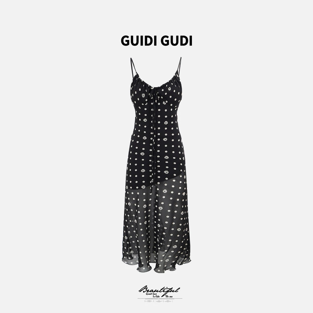 GUIDI GUDI【茶花波点】黄加蓝休闲波点花花吊带连衣裙