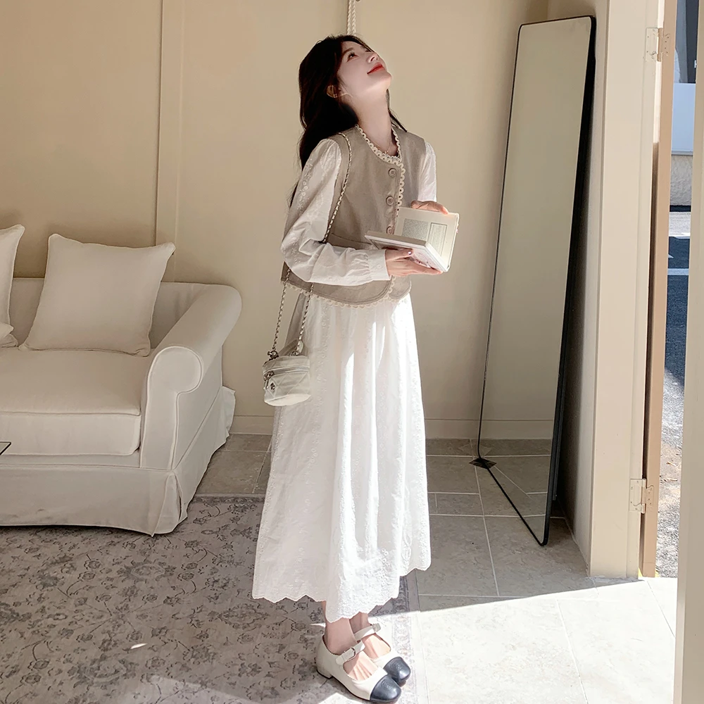 法式白色长袖女2025春秋季新款穿搭一整套清冷系禅意衣服女连衣裙