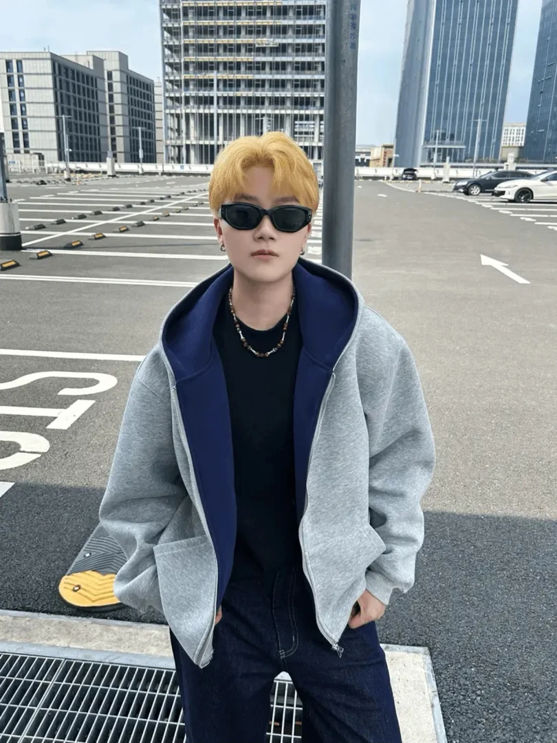 潮牌时尚撞色连帽卫衣开衫男重磅宽松休闲百搭双拉链外套秋冬男生
