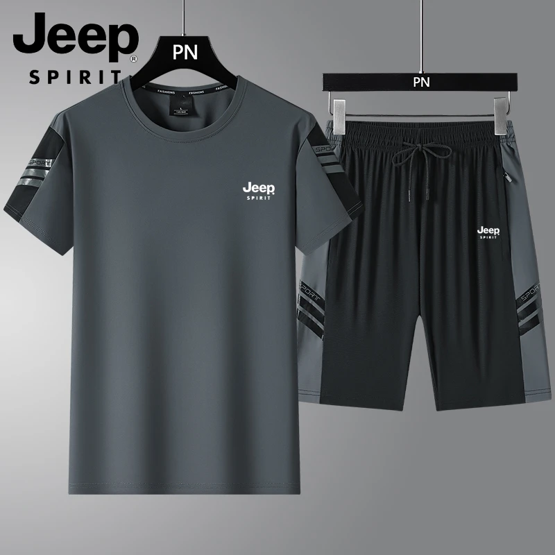 JEEPSPIRIT冰丝速干时尚短袖套装男款宽松运动休闲短裤T恤两件套