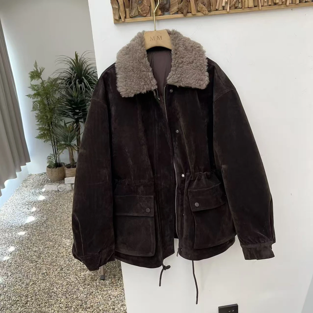 金盏爵士复古雅痞新国标90白鸭绒羊毛毛领棕色绒面派克羽绒服外套