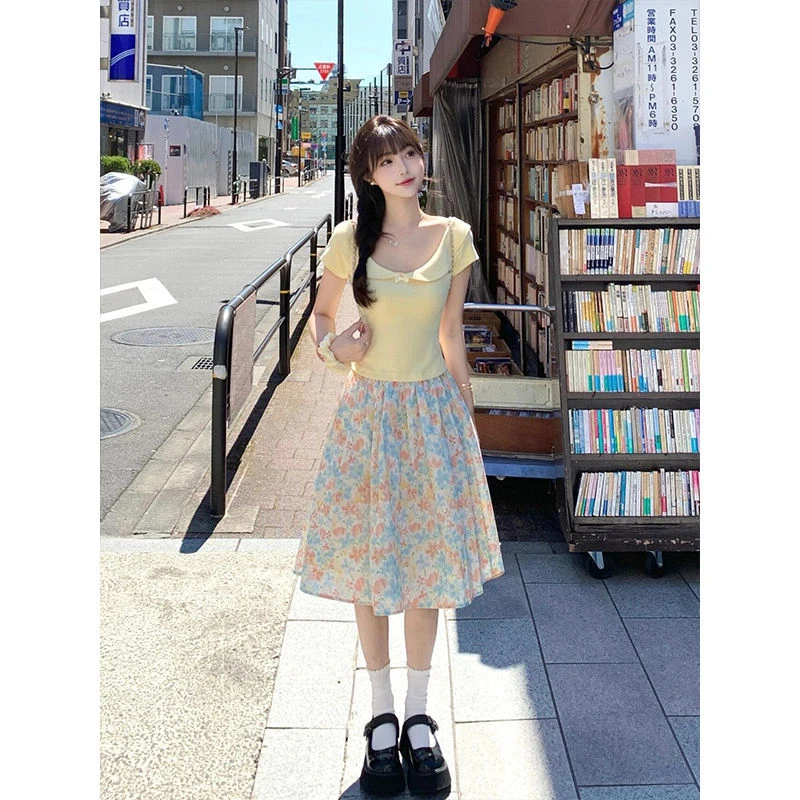 小个子甜美娃娃领蝴蝶结短袖T恤女夏季法式纯欲修身显瘦短款上衣