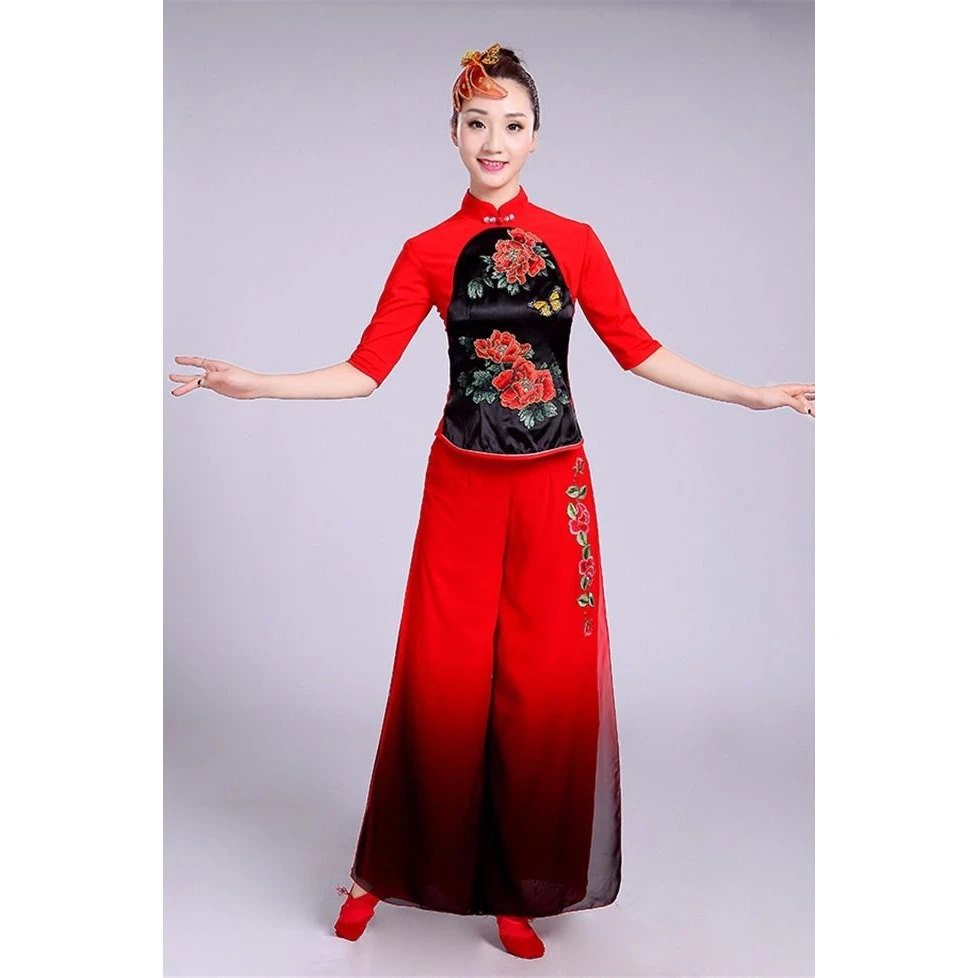 红色长袖中国风民族风飘逸套装!新款夏季秧歌服腰鼓舞服舞台演出