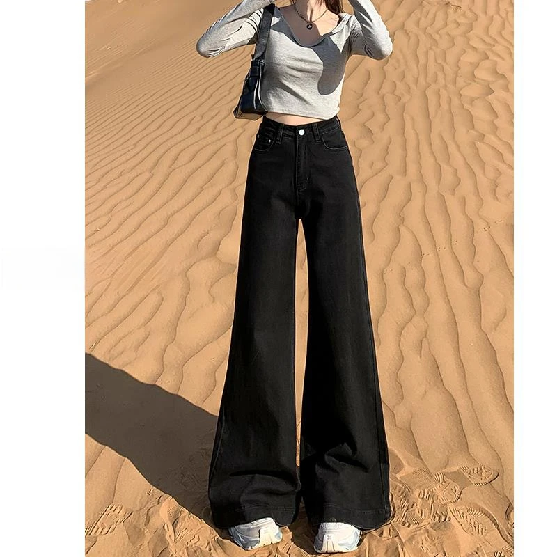 黑色大阔腿牛仔裤女2025夏季新款高腰宽松不贴腿喇叭拖地裤子显瘦