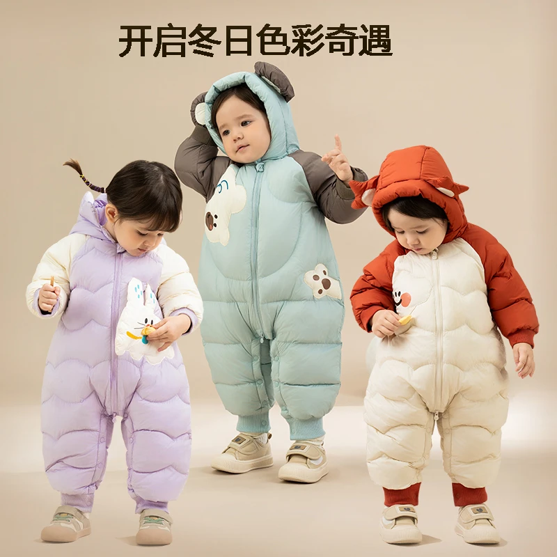 折扣婴儿冬季羽绒服加厚保暖防风连体衣外出服套装新生宝宝哈抱衣