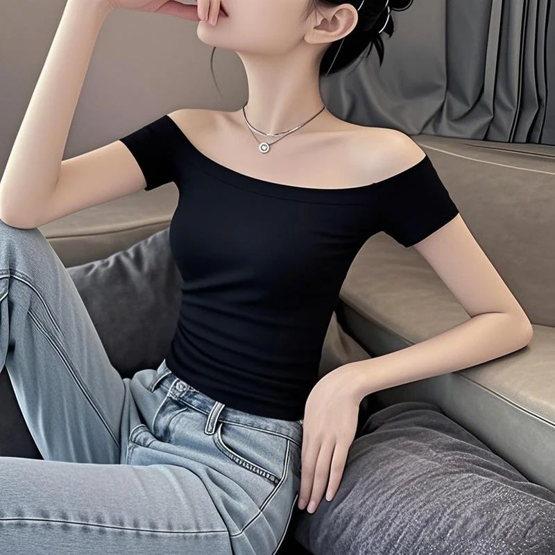 2025新款夏季一字肩显瘦露肩高级感黑色短袖T恤女短款正肩上衣潮
