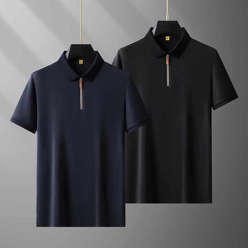 高大胖大码男装夏季翻领冰丝短袖T恤休闲透气加大加肥拉链短袖