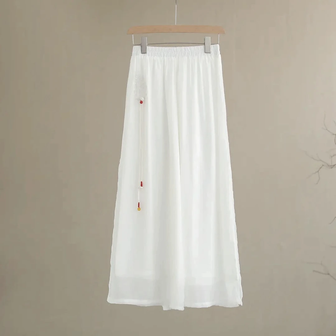 新中式夏季双层薄款透气清凉禅意简约茶服裤子仙气飘逸阔腿裙裤女