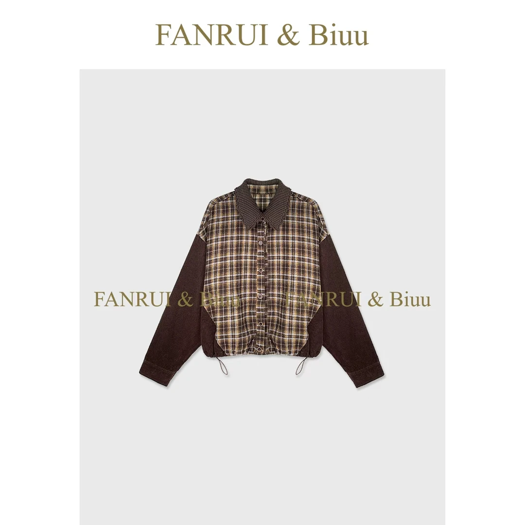 FANRUI/泛芮「贝贝biuu」立领格纹拼接时髦洋气复古翻领外套B18446
