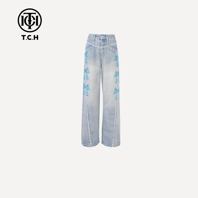 TCH烫钻蓝色蝴蝶结时尚百搭牛仔裤女T750E5026轻奢tch
