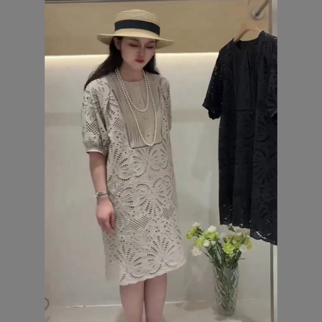 100%棉2025夏季新款韩版宽松显瘦百搭圆领镂空刺绣连衣裙女