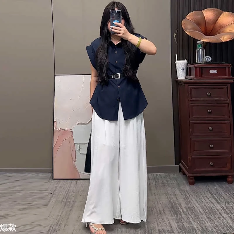 大码落肩衬衫短袖上衣遮肉休闲裤套装胖2025夏季款显瘦宽松女装
