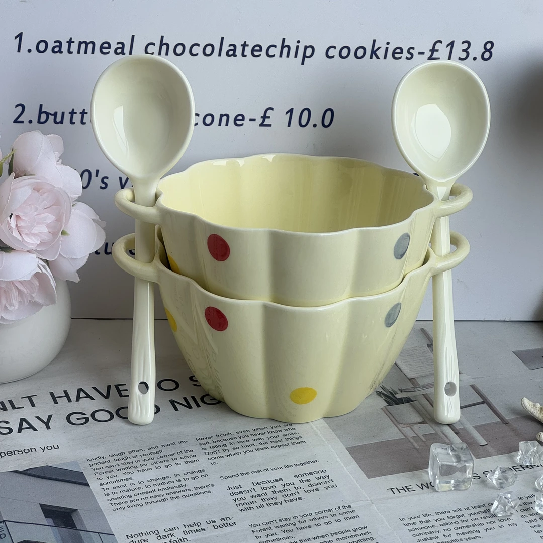 奶油ins缤纷波点陶瓷双耳家用南瓜碗釉下彩可爱少女宿舍高颜值碗