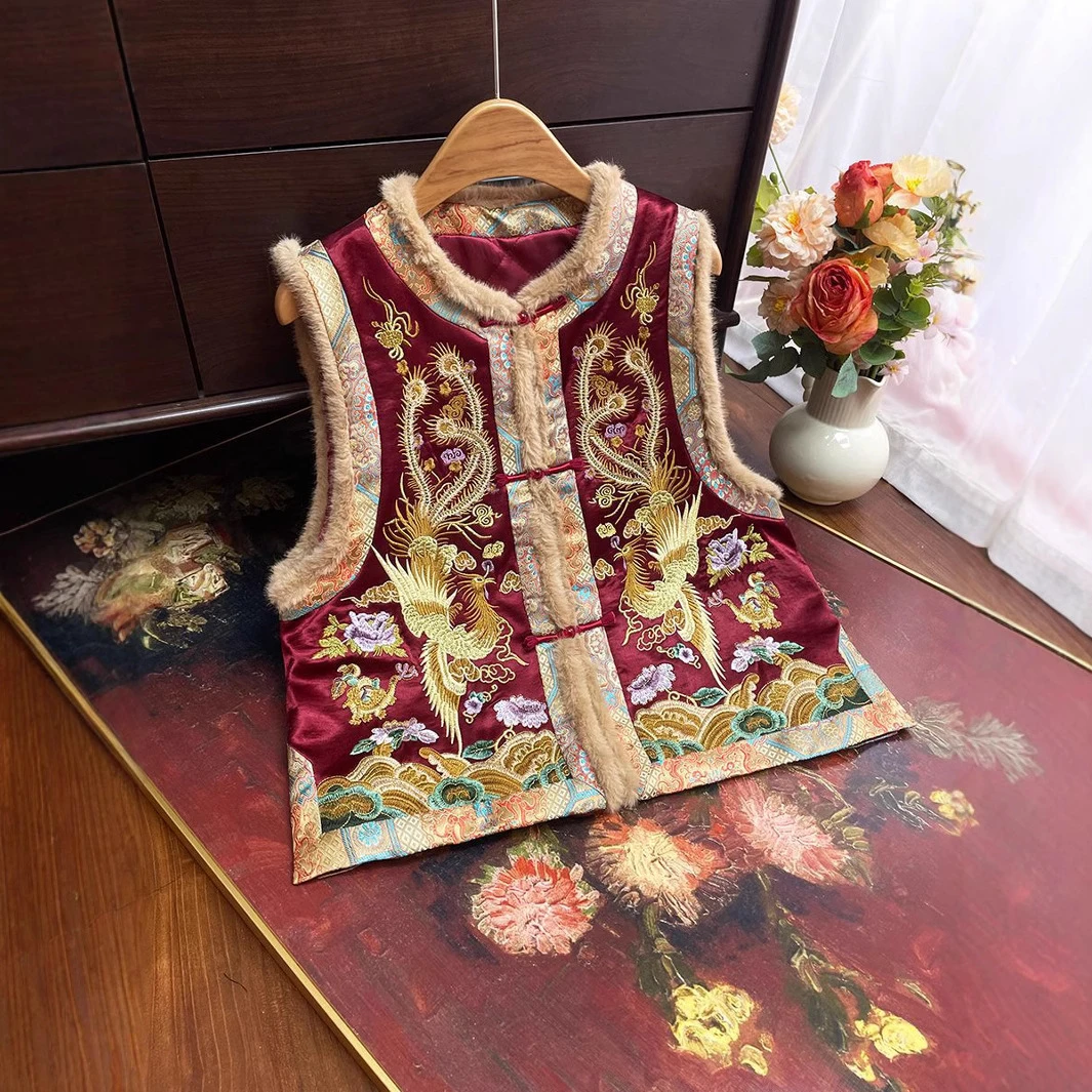 【锦绣江南】新中式重工马甲冬季新款丝缎坎肩中国风盘扣毛领马夹