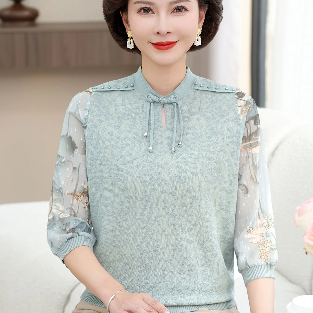 新中式妈妈夏装薄款冰丝T恤40岁50中老年女春夏国风打底上衣女装