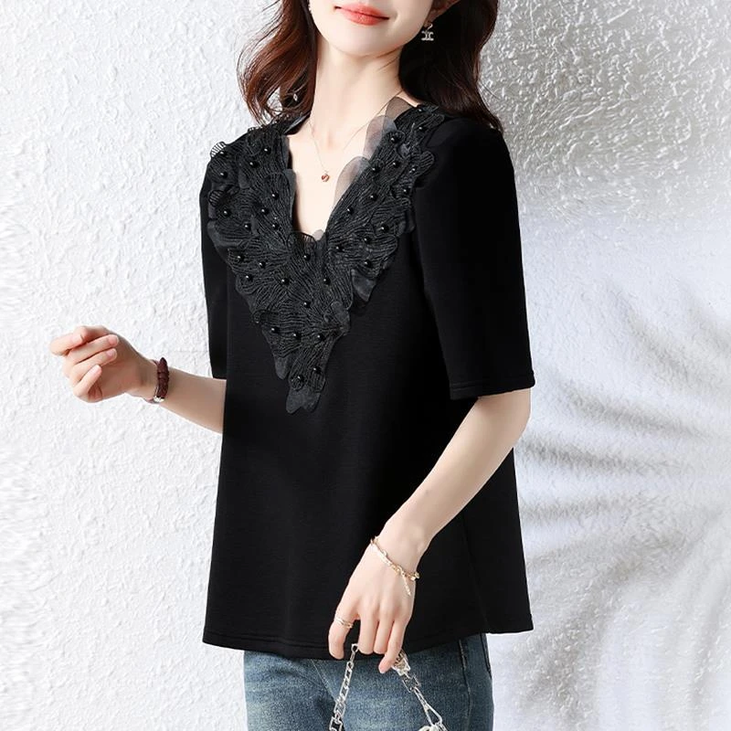 法芬图短袖t恤女士装2025年夏季新款棉今年流行爆款v领气质时尚体