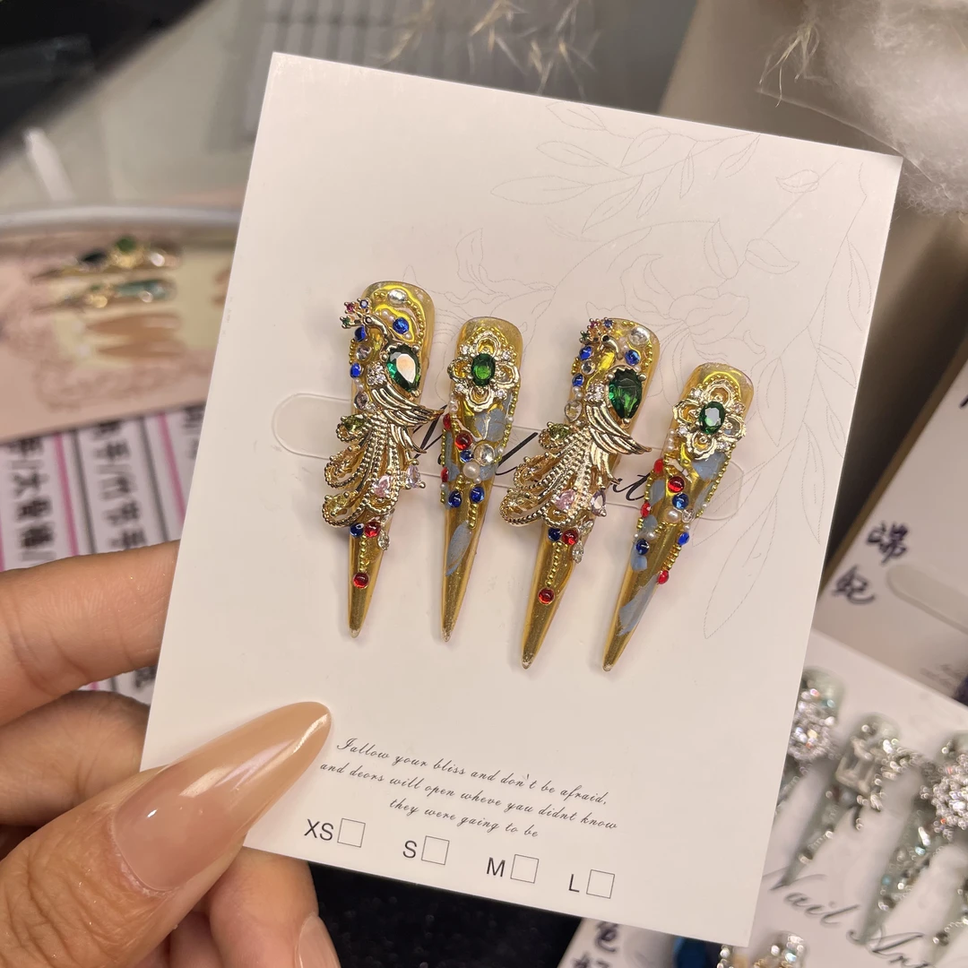 金丝雀｜金孔雀宫廷风嬛嬛护甲国风高级手工穿戴甲立体手绘金色