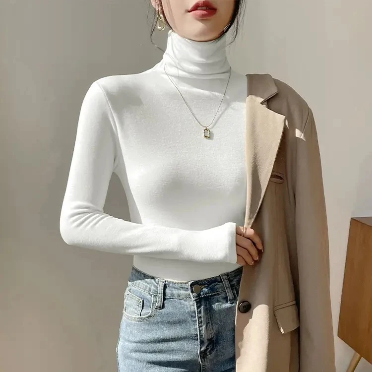 德绒保暖高领打底衫女内搭秋冬新款修身收腰减龄堆堆领长袖t恤ins